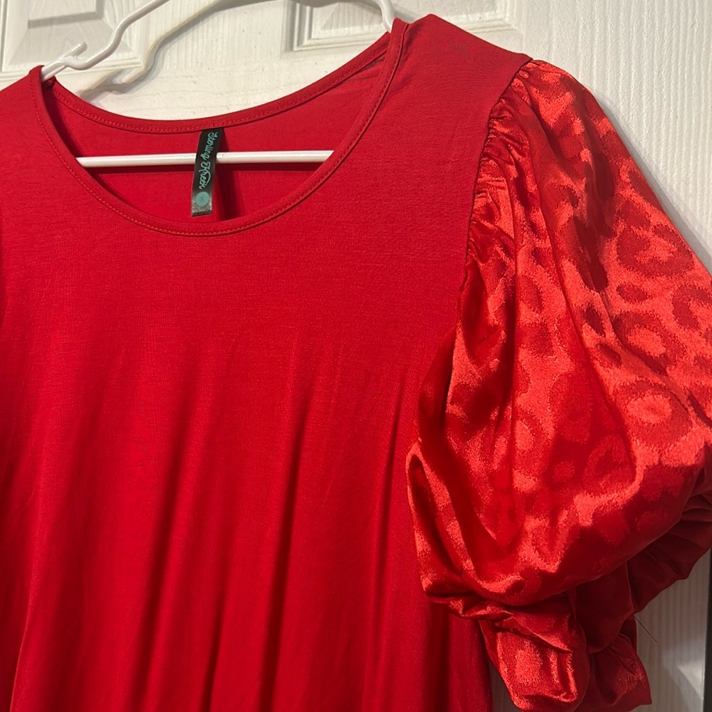 Sterling Kareem red satin puff sleeve blouse Small